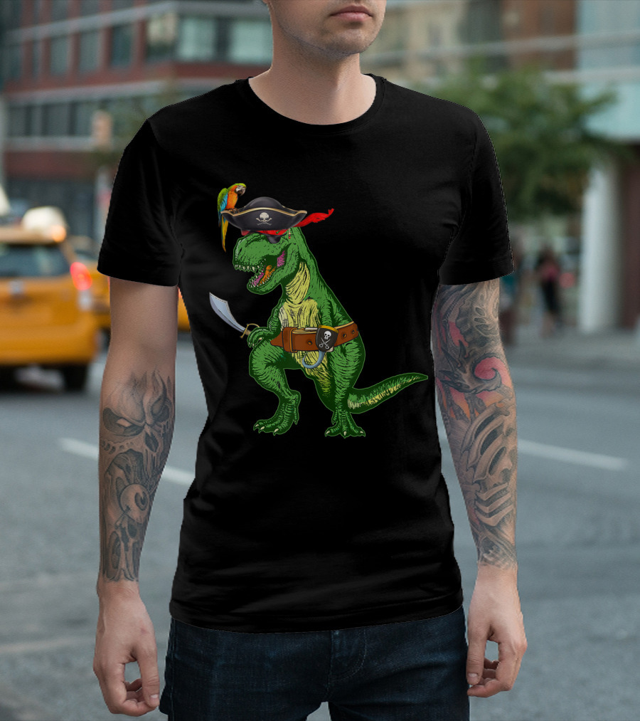 Boys Kids Dinosaur T-Rex Pirate with Parrot and Sword T-Shirt