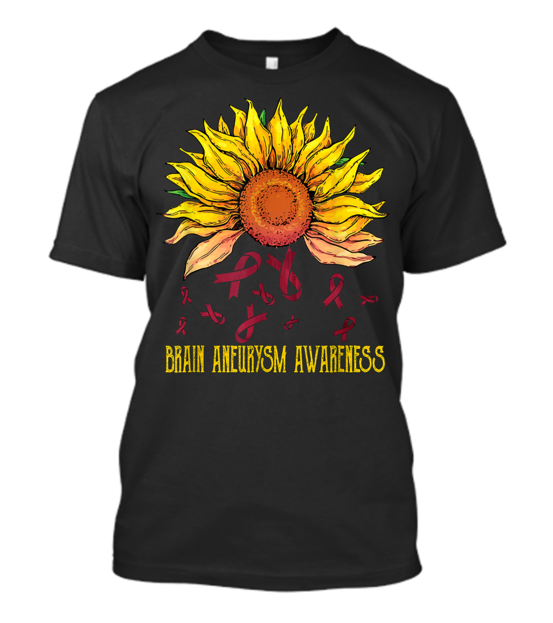 Brain Aneurysm Awareness Sunflower With Yellow Sunflower And Red Ribbons T-Shirt