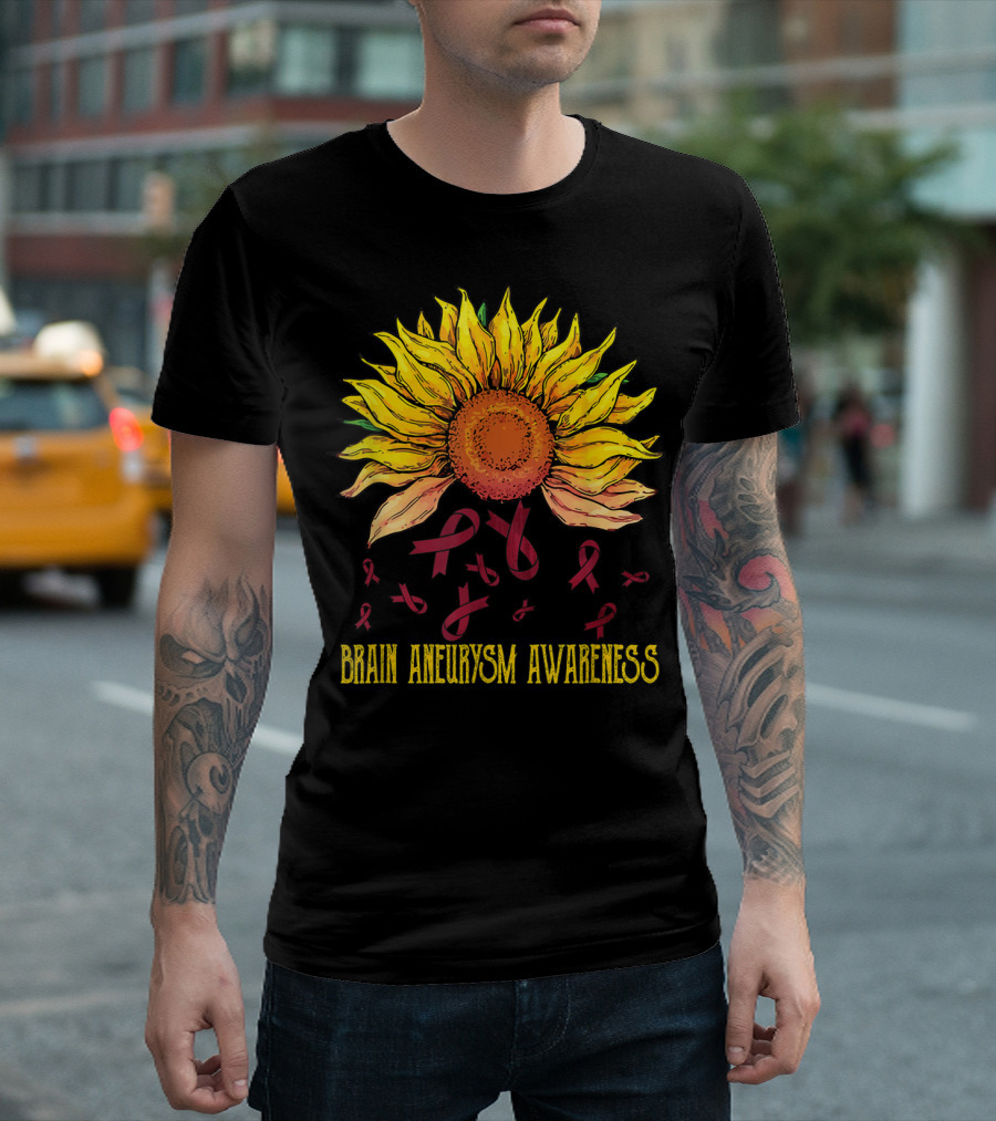Brain Aneurysm Awareness Sunflower with Yellow Sunflower and Red Ribbons T-Shirt