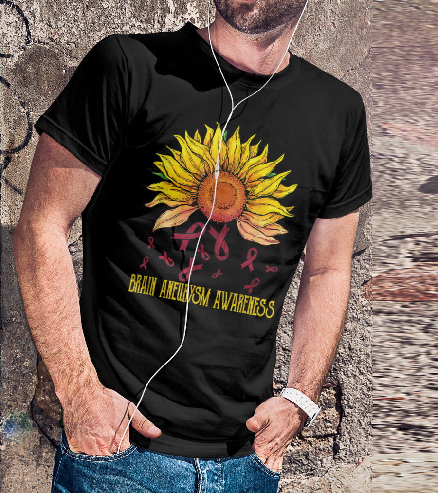 Brain Aneurysm Awareness Sunflower With Yellow Sunflower And Red Ribbons T-Shirt