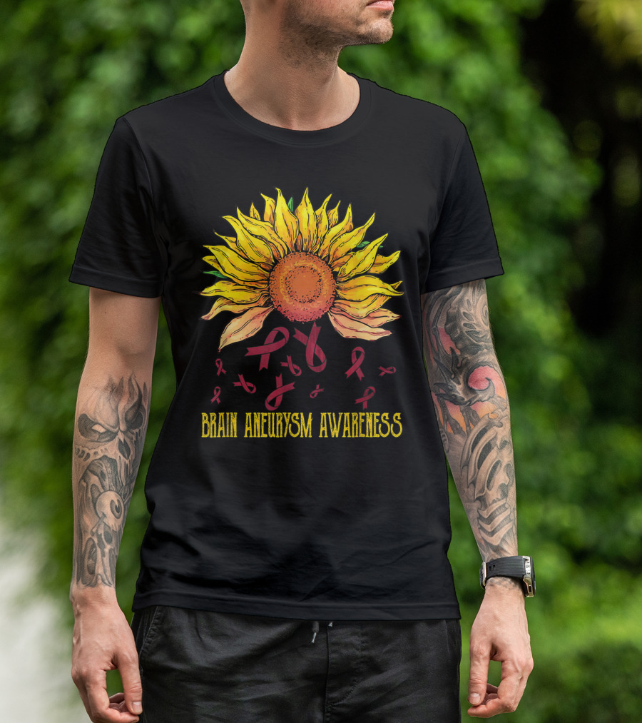 Brain Aneurysm Awareness Sunflower With Yellow Sunflower And Red Ribbons T-Shirt