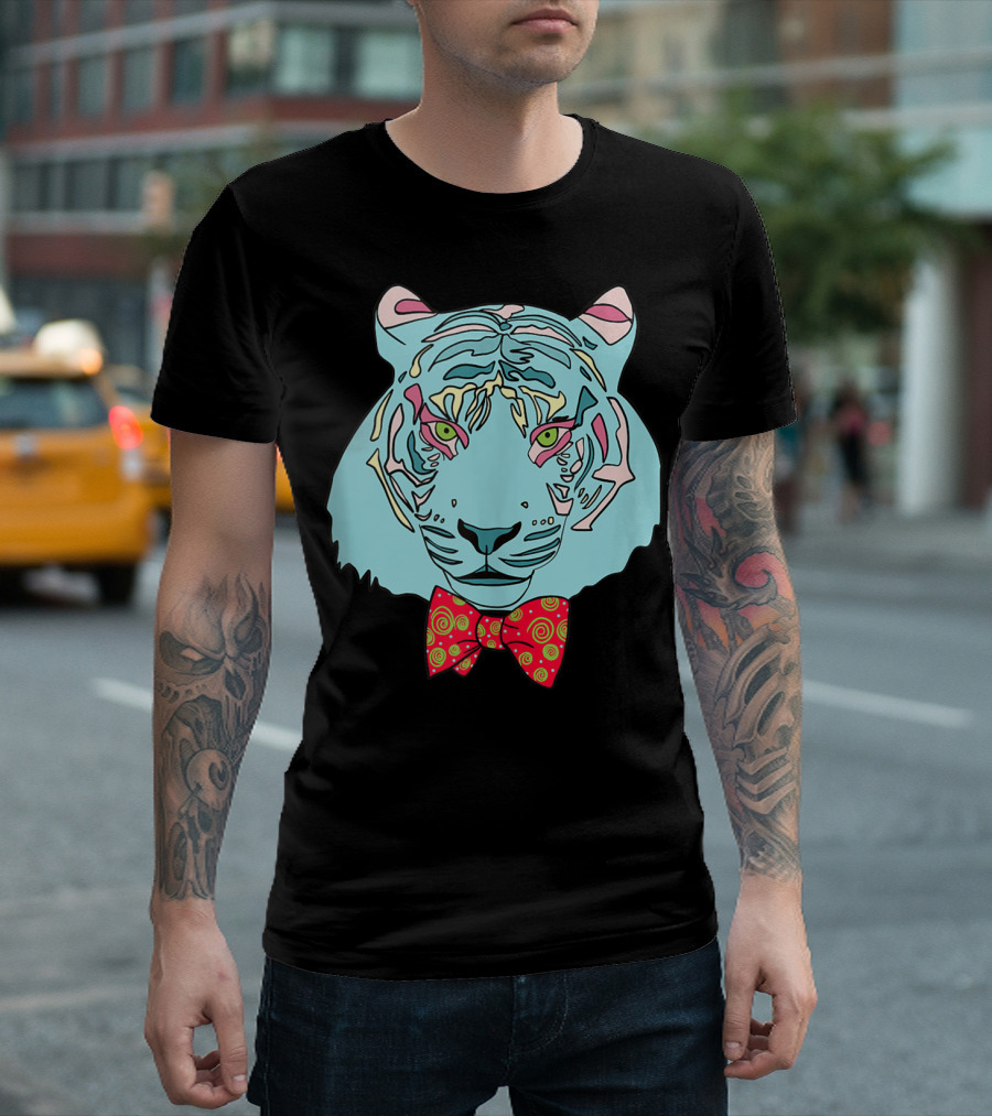 Colorful Tiger Head With Spiraled Bow Tie T-Shirt