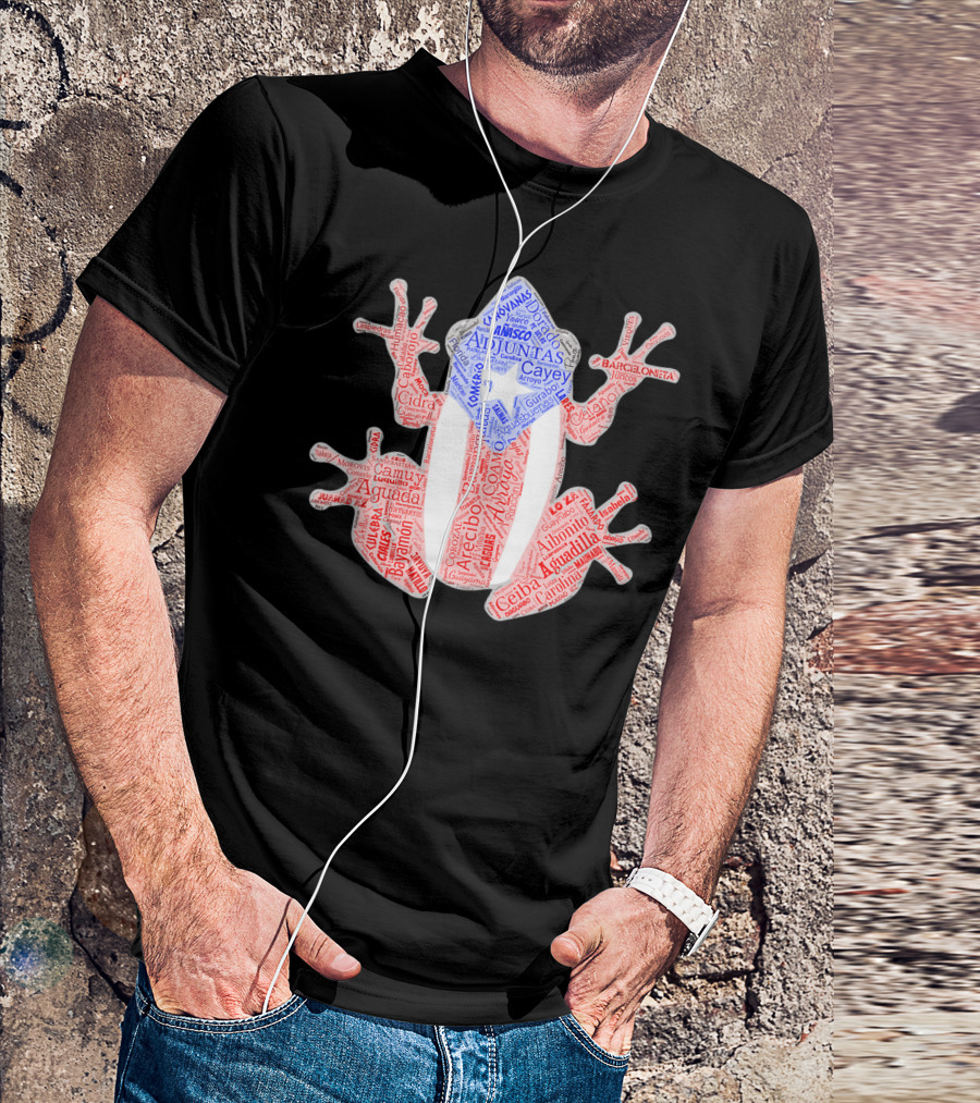 Coqui Taino Puerto Rico Cities Boricua Flag Adjuntas Aguadilla Arecibo Barceloneta Caguas Cayey Ceiba Cidra Coamo Guayama Manati Morovis Yauco T-Shirt