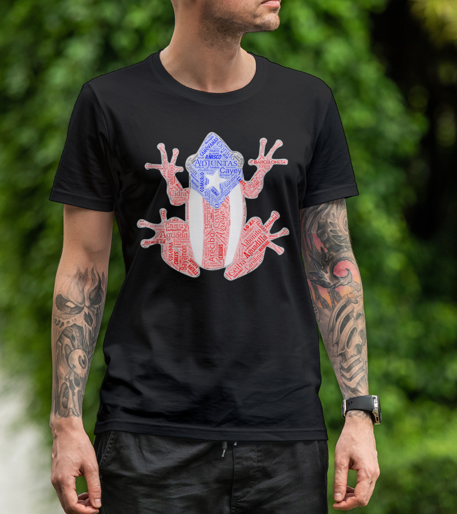 Coqui Taino Puerto Rico Cities Boricua Flag Adjuntas Aguadilla Arecibo Barceloneta Caguas Cayey Ceiba Cidra Coamo Guayama Manati Morovis Yauco T-Shirt