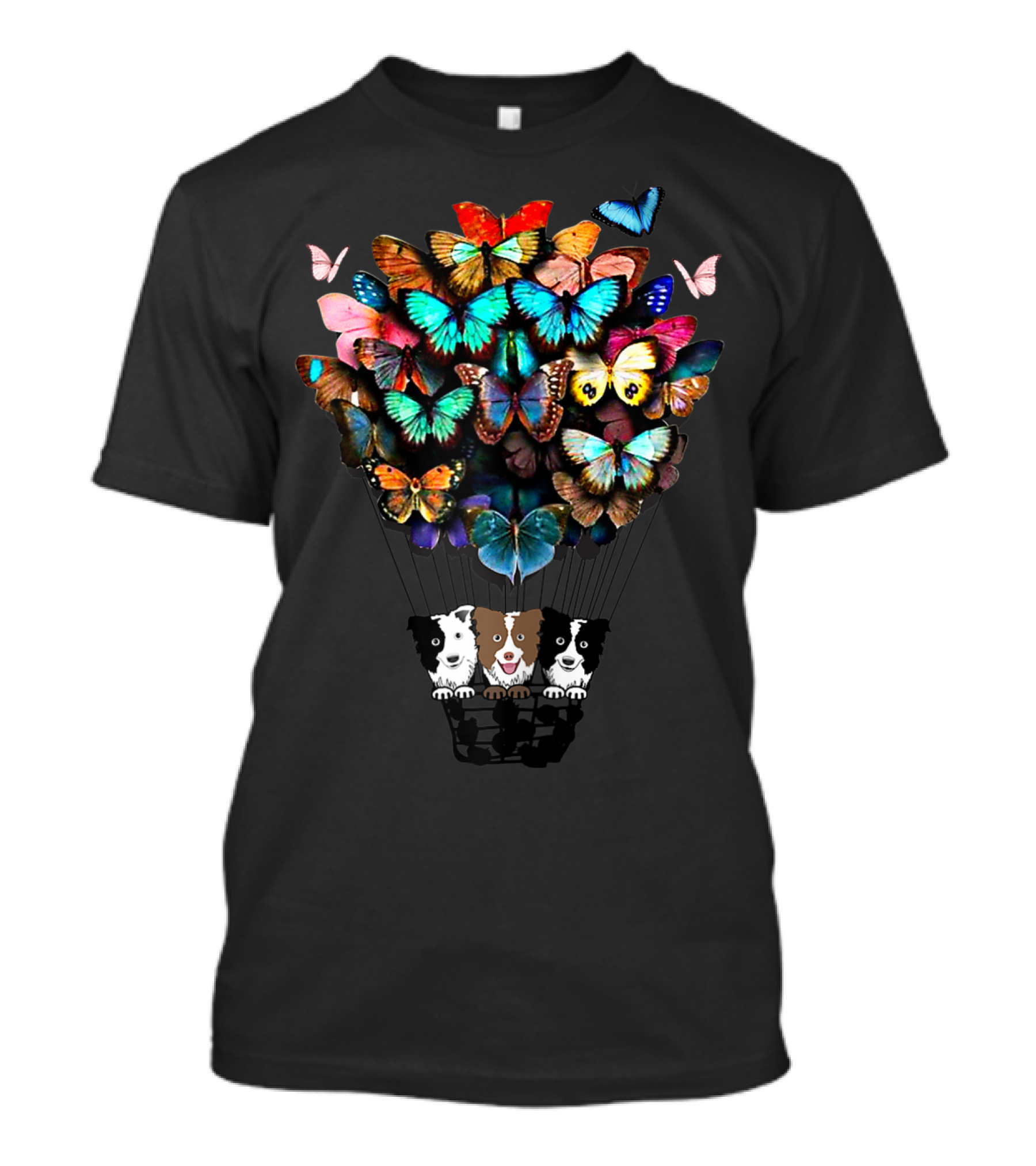 Cute Border Collie Dogs In Hot Air Balloon With Colorful Butterflies T-Shirt