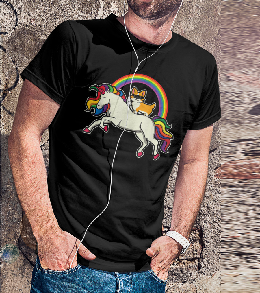 Funny Corgi Riding Rainbow Unicorn Puppy For Dog Lovers T-Shirt