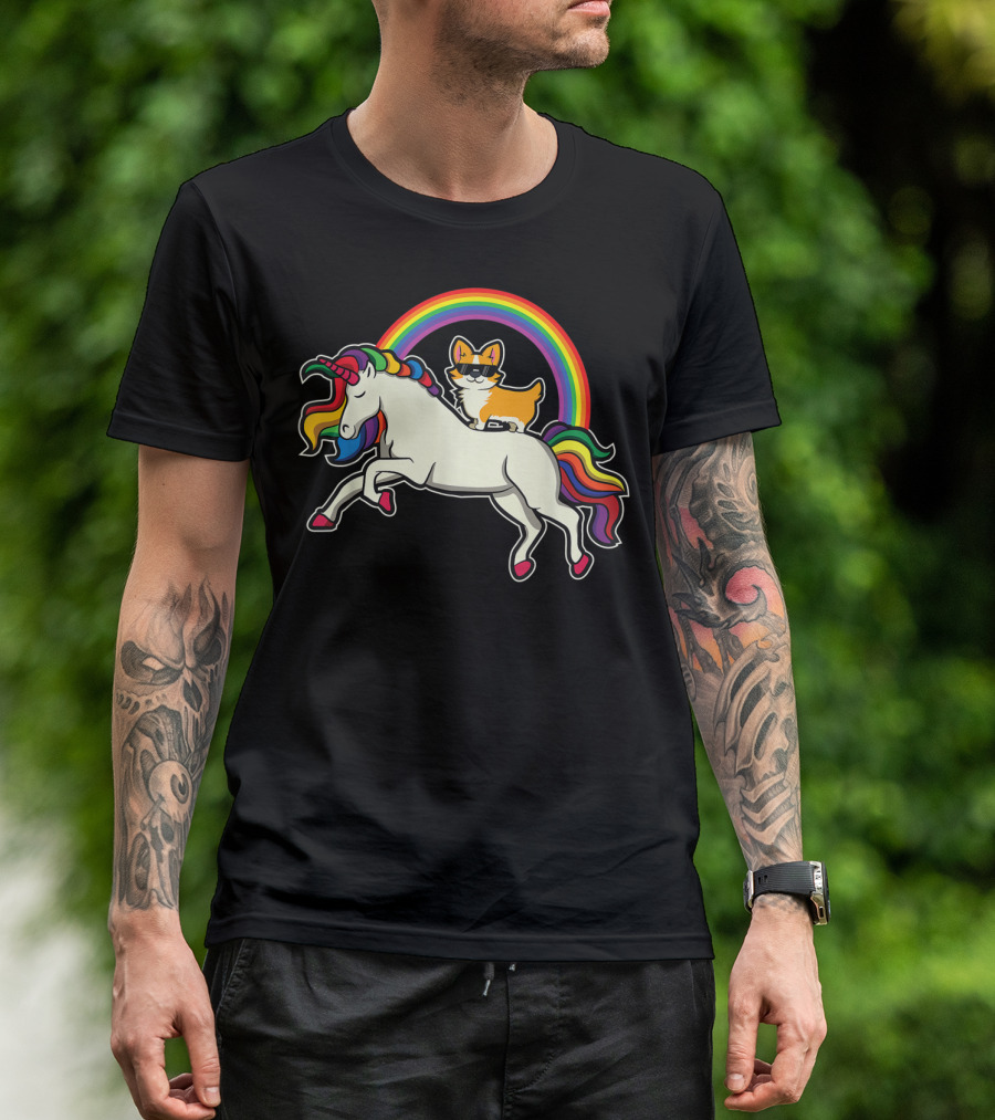 Funny Corgi Riding Rainbow Unicorn Puppy For Dog Lovers T-Shirt