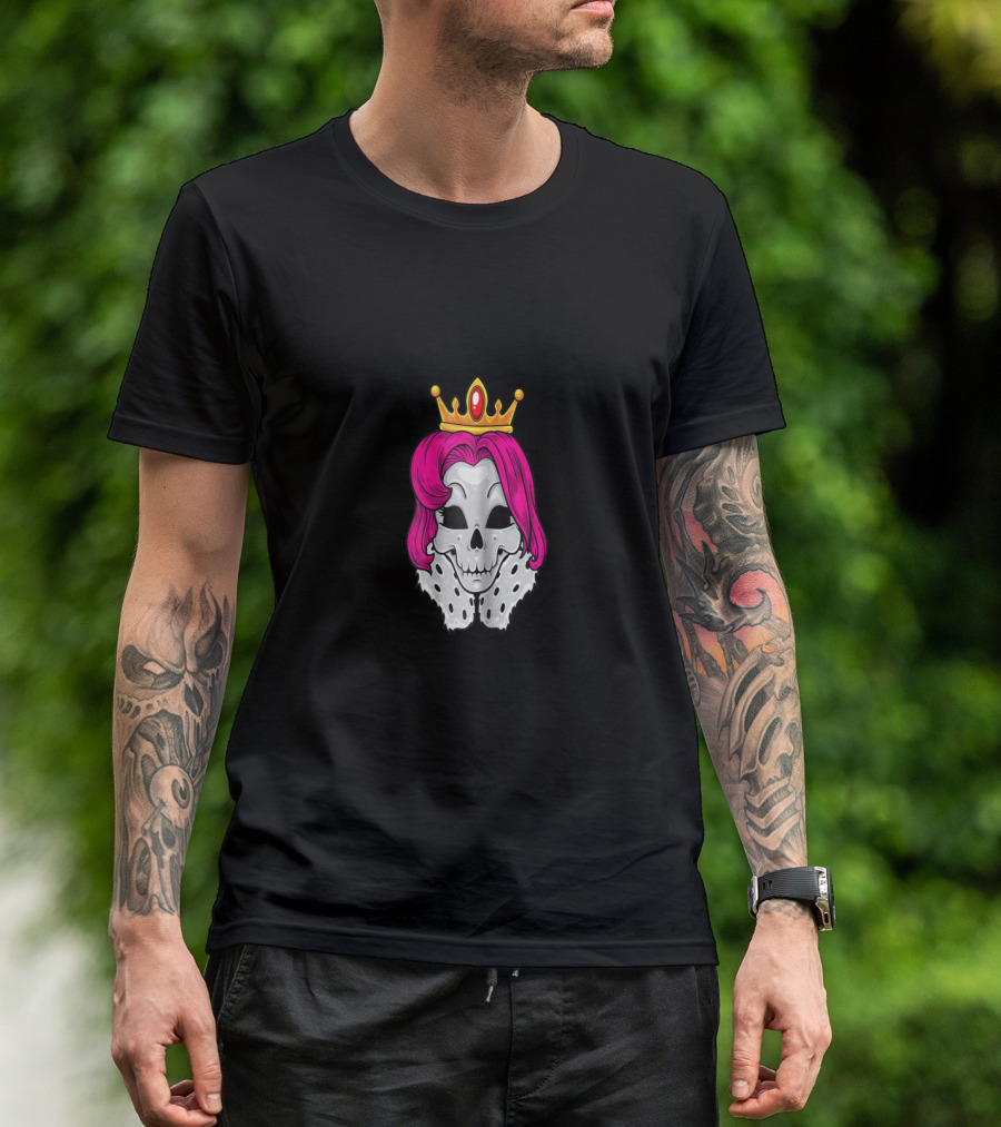 Bright Pink-Haired Skull Queen With Crown And Regal Cape T-Shirt