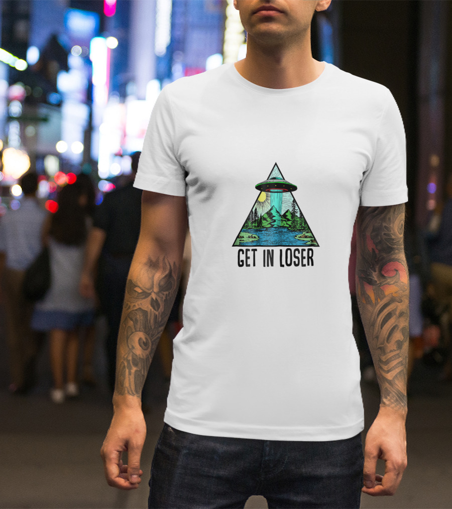 Get In Loser UFO Abduction Triangle With Forest And Lake Scene T-Shirt
