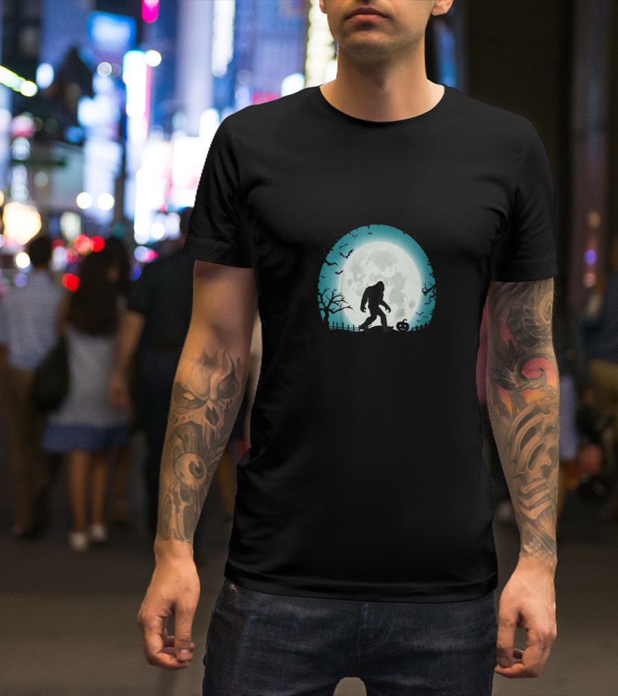 Halloween Bigfoot Silhouette With Full Moon And Bats Scene T-Shirt