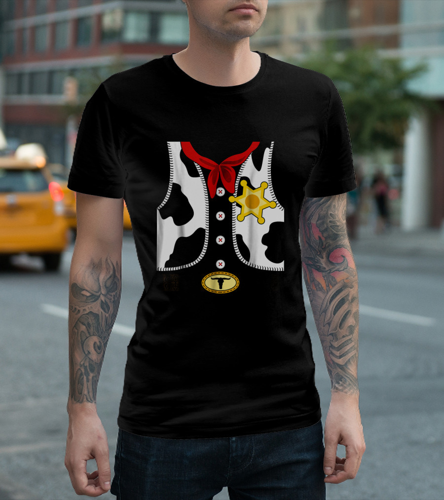 Sheriff Costume Cow Print Vest with Badge and Red Neck Scarf T-Shirt
