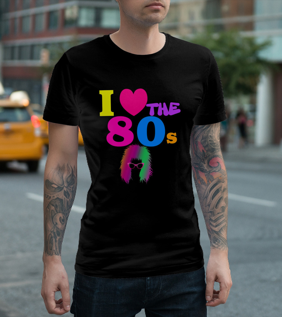 I Love the 80s Neon Heart with Punk Rocker Hair and Sunglasses T-Shirt