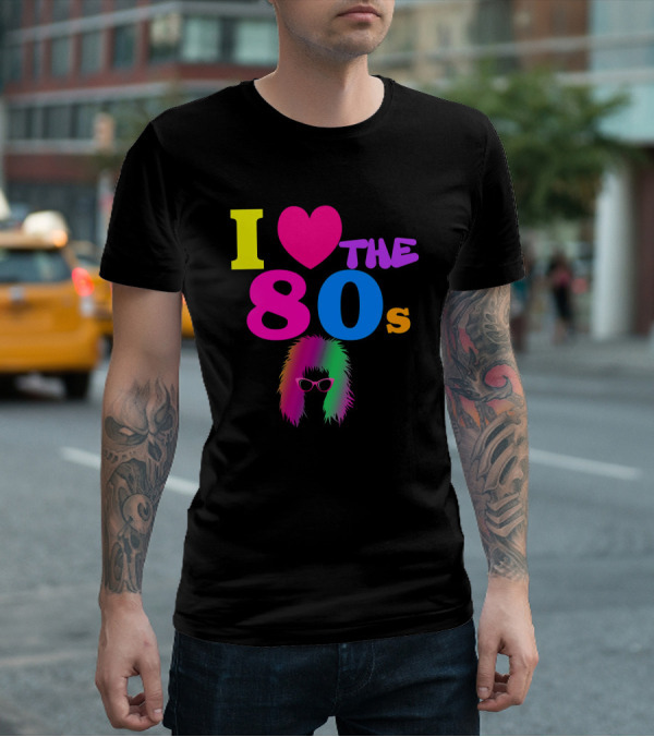 I Love The 80s Neon Heart With Punk Rocker Hair And Sunglasses T-Shirt