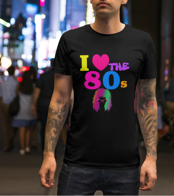 I Love The 80s Neon Heart With Punk Rocker Hair And Sunglasses T-Shirt