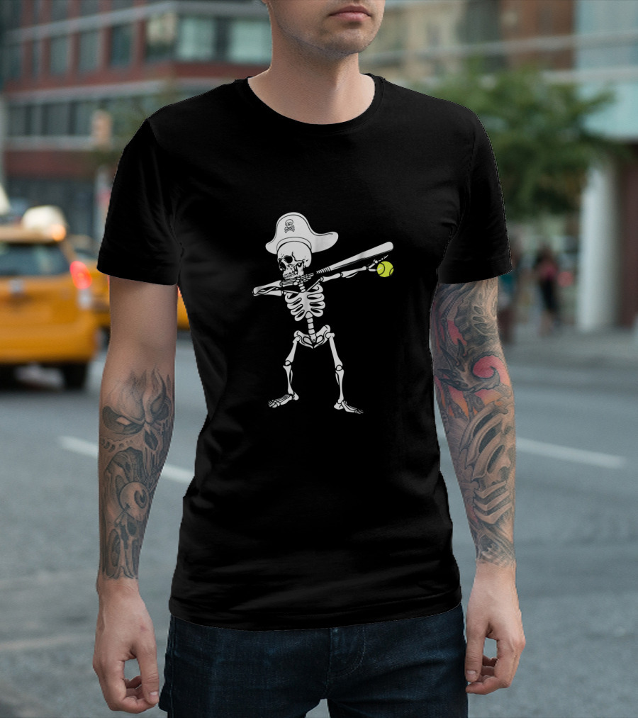 Dabbing Skeleton Holding Softball and Bat with Pirate Hat T-Shirt