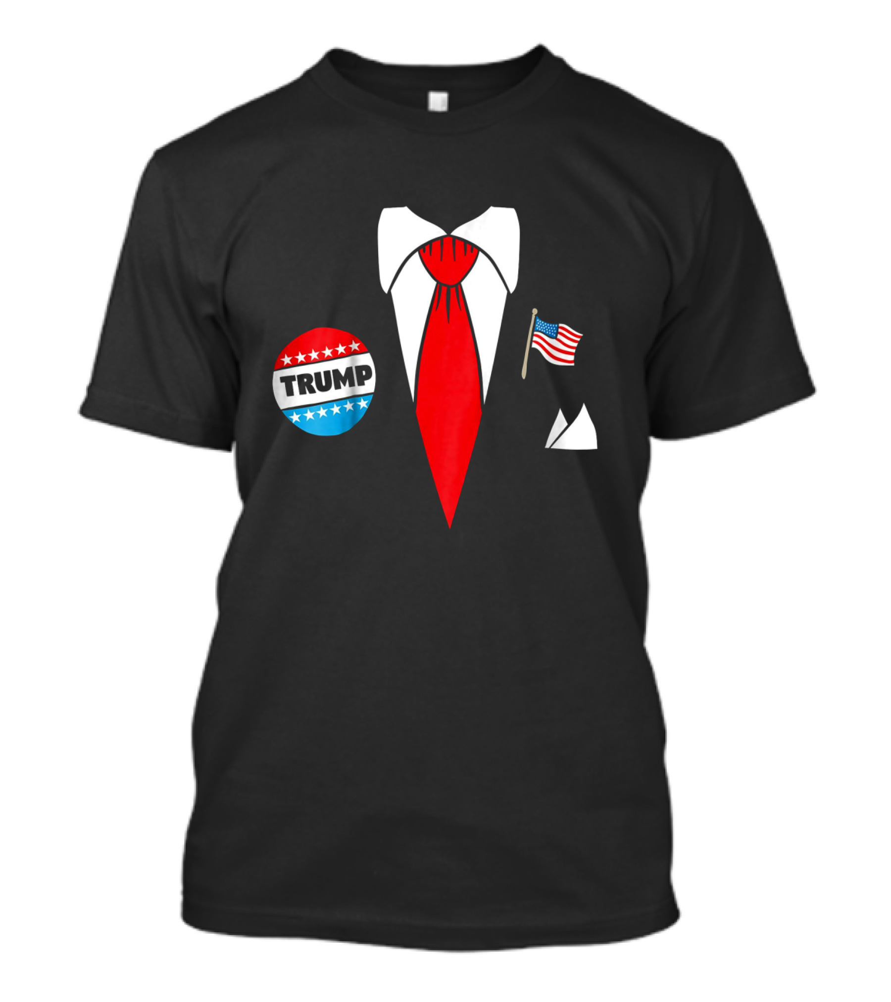 Funny Donald Trump Halloween Costume Cartoon With Red Tie, Trump Button, And USA Flag T-Shirt