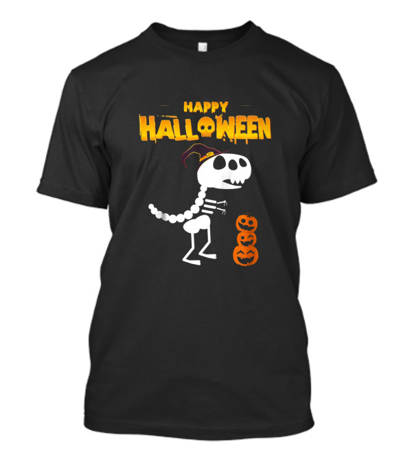 Happy Halloween Skeleton Dinosaur With Pumpkin Stack T-Shirt