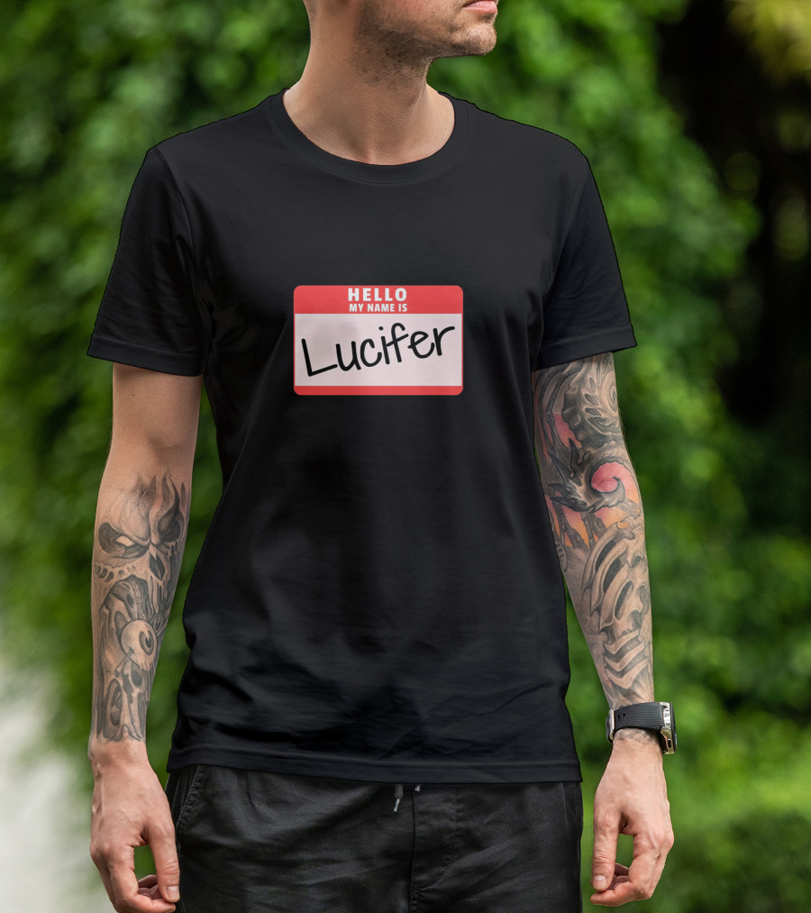 Hello My Name Is Lucifer Funny Halloween Devil Co Name Tag T-Shirt