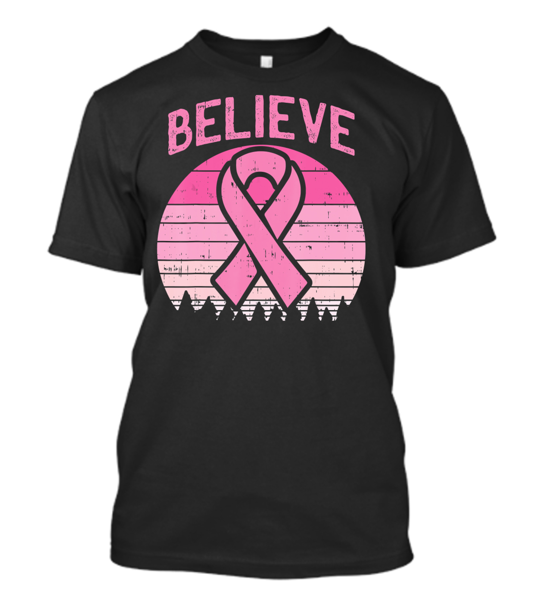 Believe Pink Ribbon Sunset Breast Cancer Awareness T-Shirt