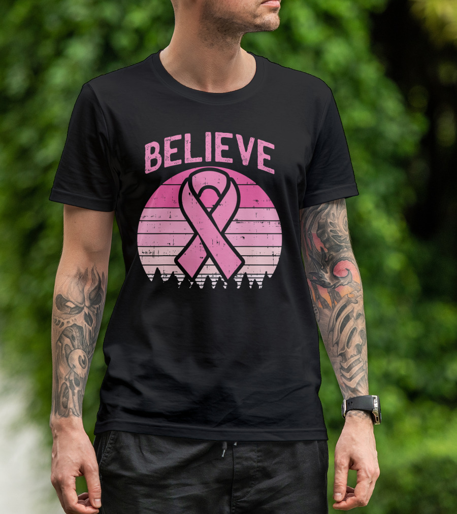 Believe Pink Ribbon Sunset Breast Cancer Awareness T-Shirt