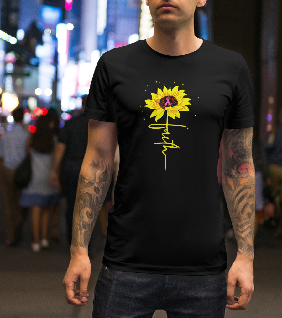Faith Pink Ribbon Sunflower Breast Cancer Awareness T-Shirt