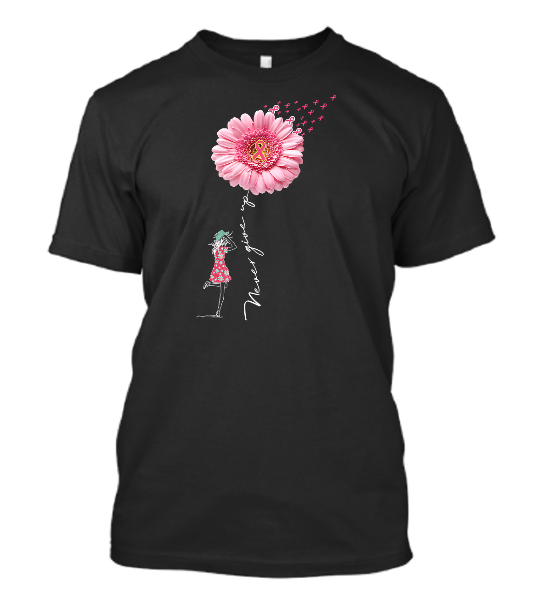 Never Give Up Breast Cancer Awareness Daisy Flower Pink T-Shirt