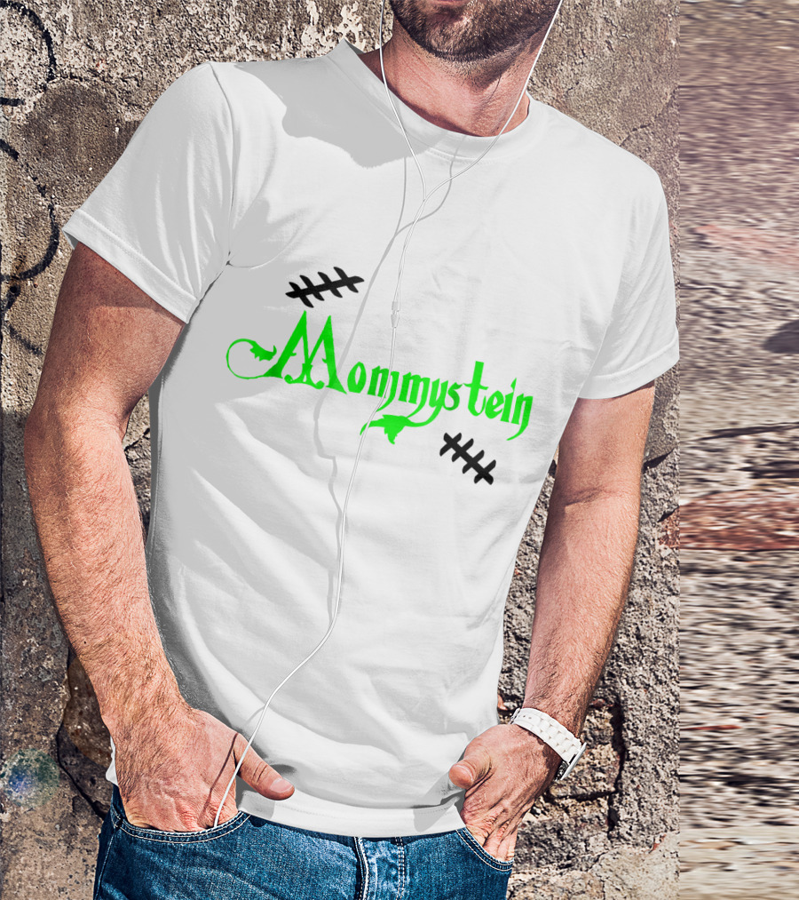 Mommystein Frankenstein Inspired Green And Black Stitched Text T-Shirt