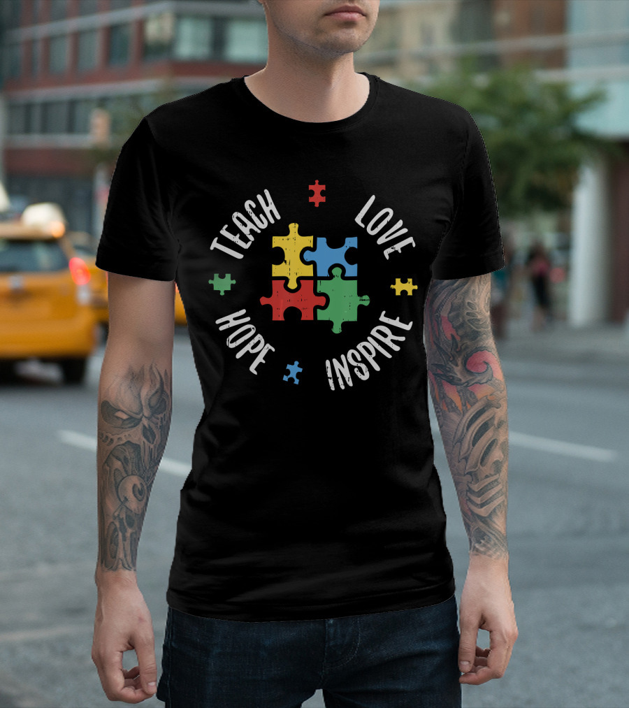 Teach Love Hope Inspire Autism Teacher Special Ed Puzzle Pieces T-Shirt