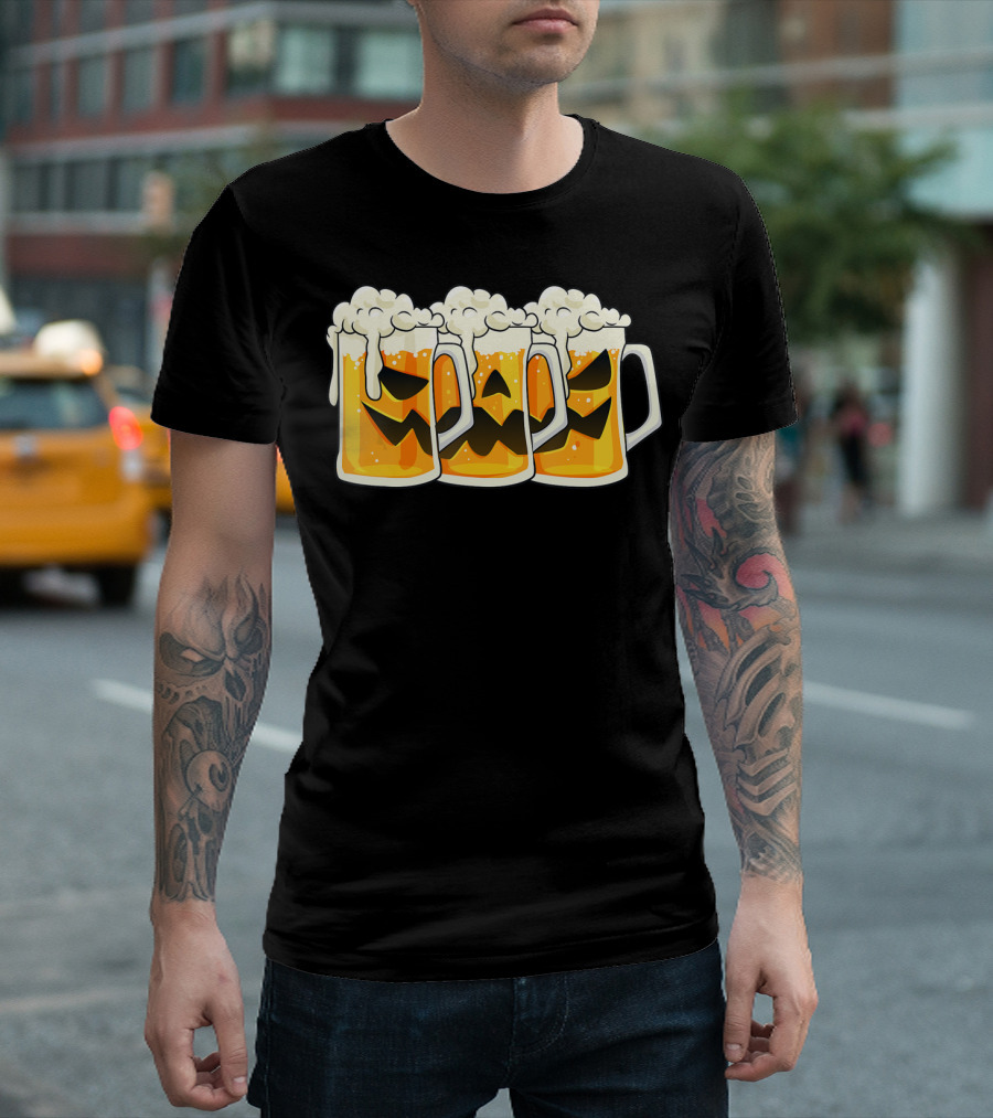 Halloween Jack O Lantern Beer Mug Faces T-Shirt