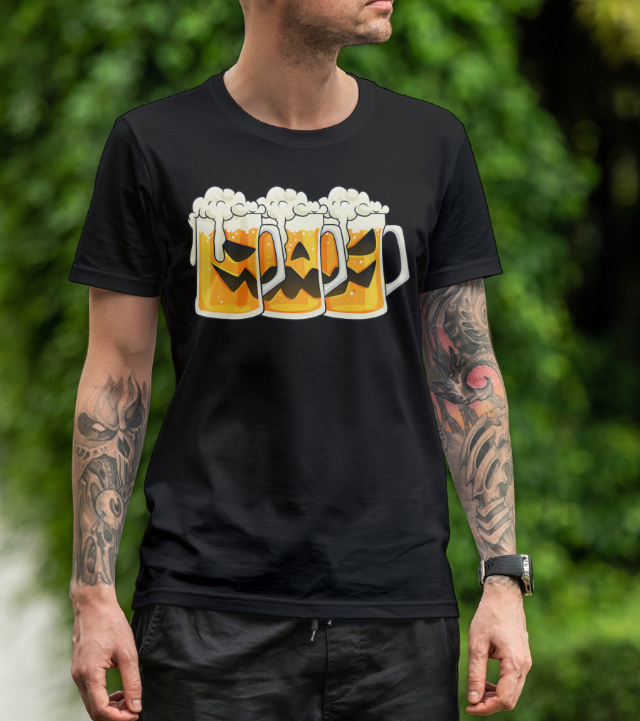 Halloween Jack O Lantern Beer Mug Faces T-Shirt