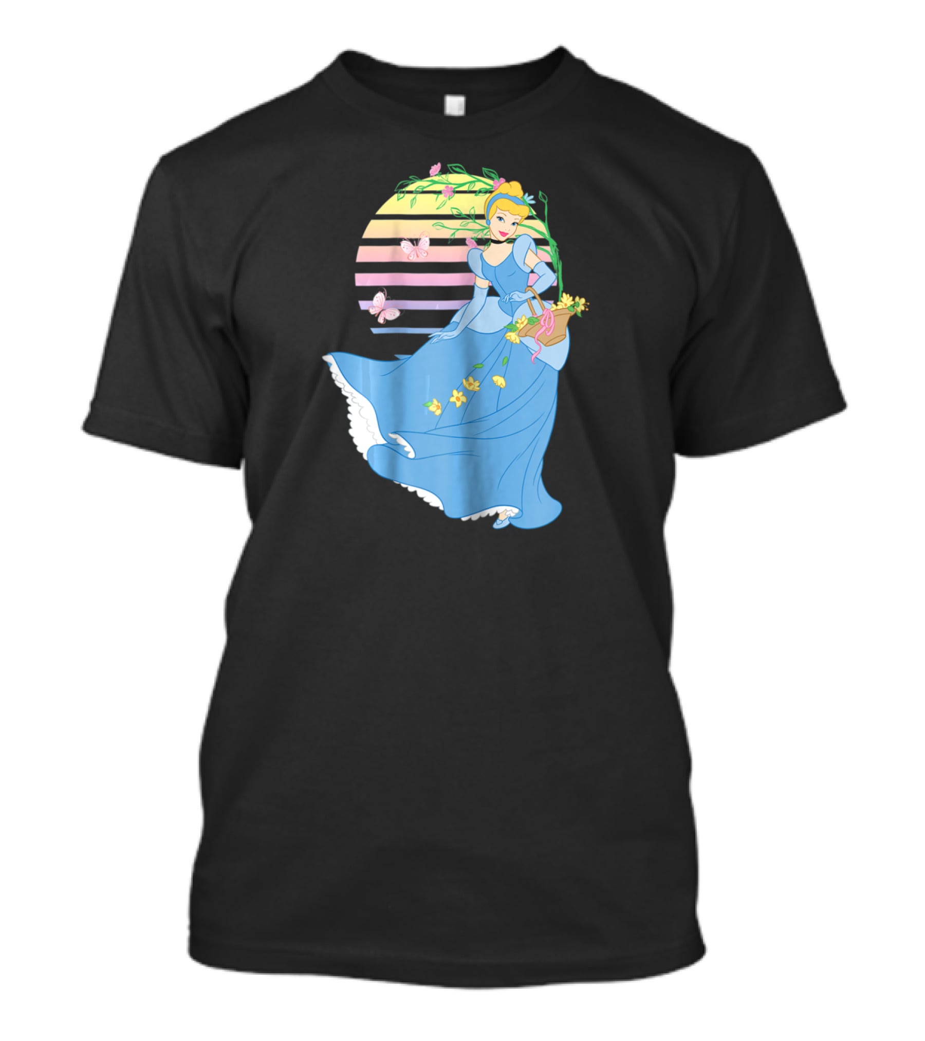 Cinderella Blue Dress Butterfly And Flower Stripe T-Shirt