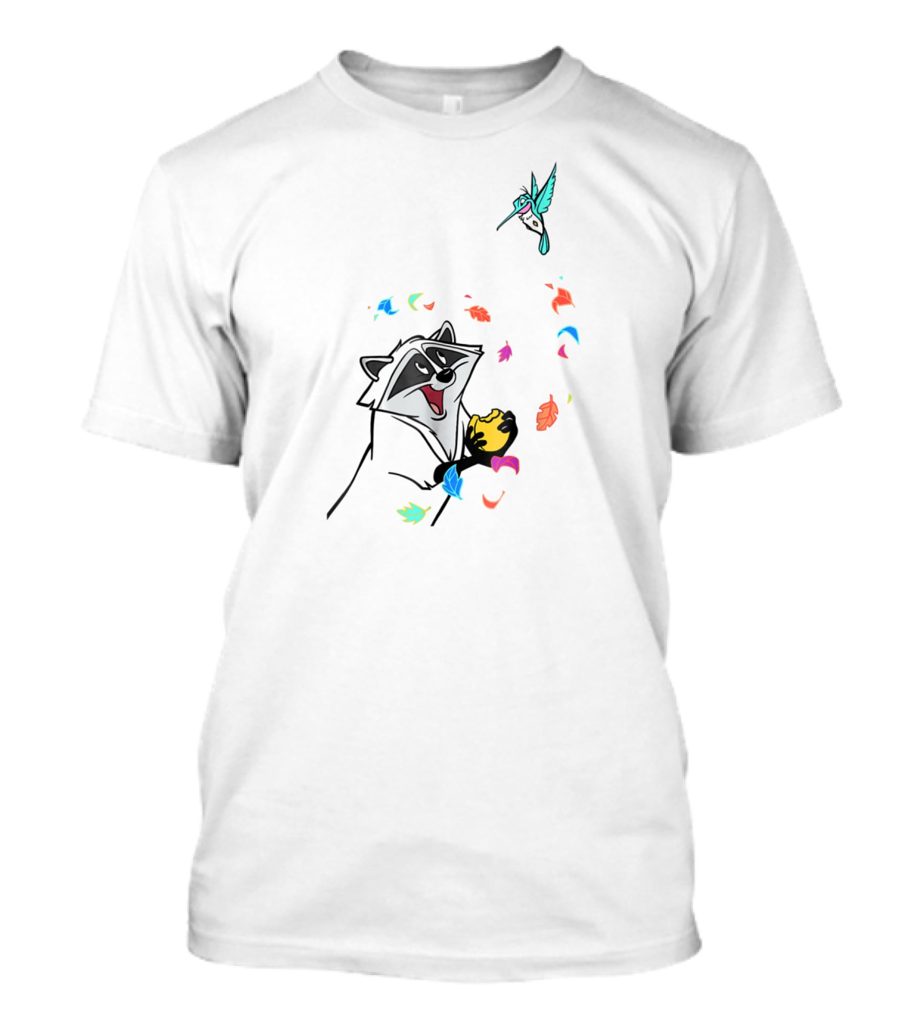 Disney Pocahontas Meeko Flit Colorful Leaves Fall Playful Autumn Scene T-Shirt