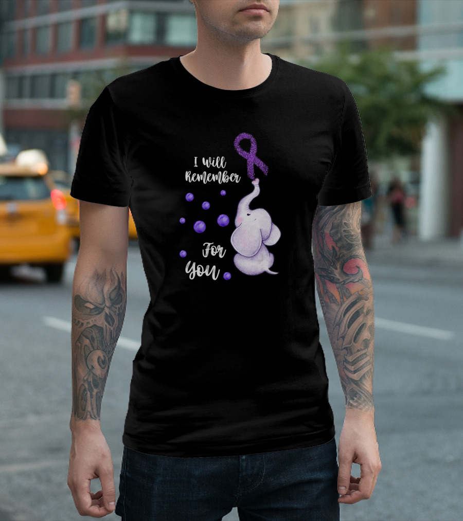 I Will Remember For You Elephant Purple Ribbon Alzheimer's Awareness T-Shirt