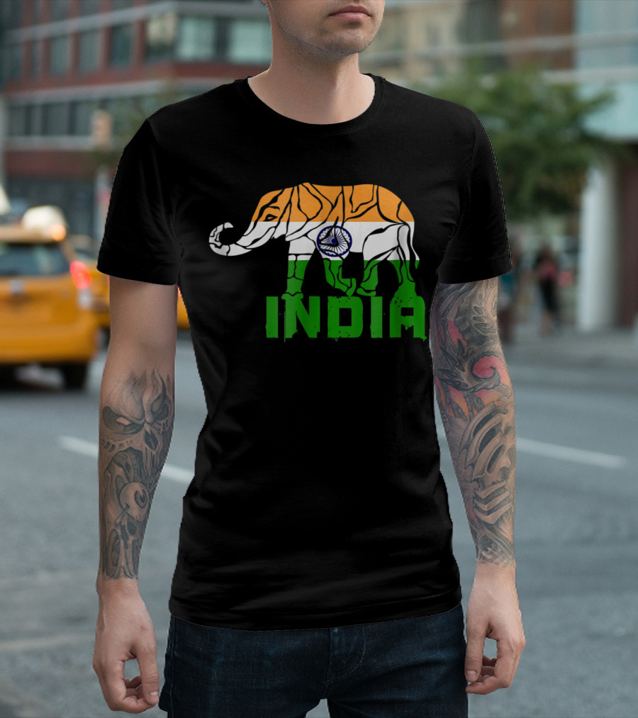 India Elephant with National Flag Colors and India Text T-Shirt