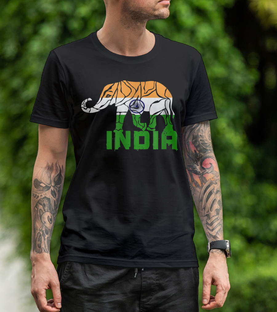 India Elephant With National Flag Colors And India Text T-Shirt