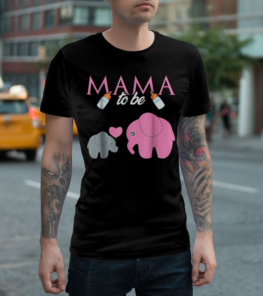 Mama To Be Pink Elephant Baby Shower With Milk Bottles And Heart Balloon T-Shirt