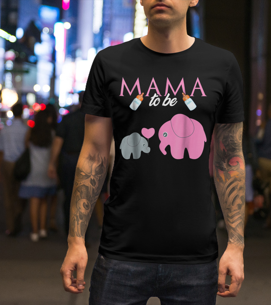 Mama To Be Pink Elephant Baby Shower With Milk Bottles And Heart Balloon T-Shirt