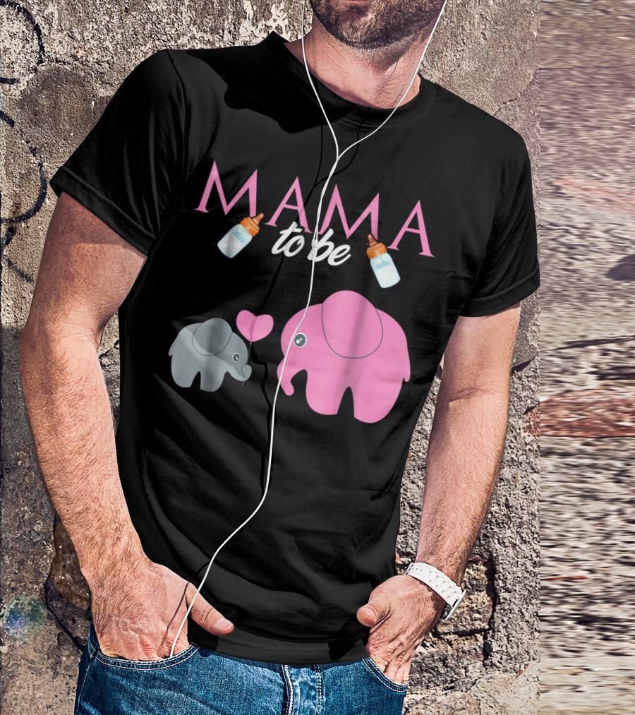 Mama To Be Pink Elephant Baby Shower With Milk Bottles And Heart Balloon T-Shirt