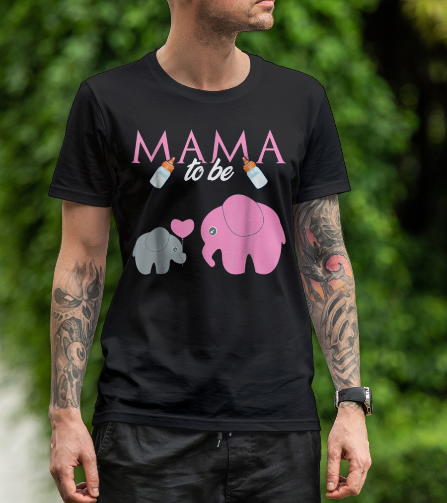 Mama To Be Pink Elephant Baby Shower With Milk Bottles And Heart Balloon T-Shirt
