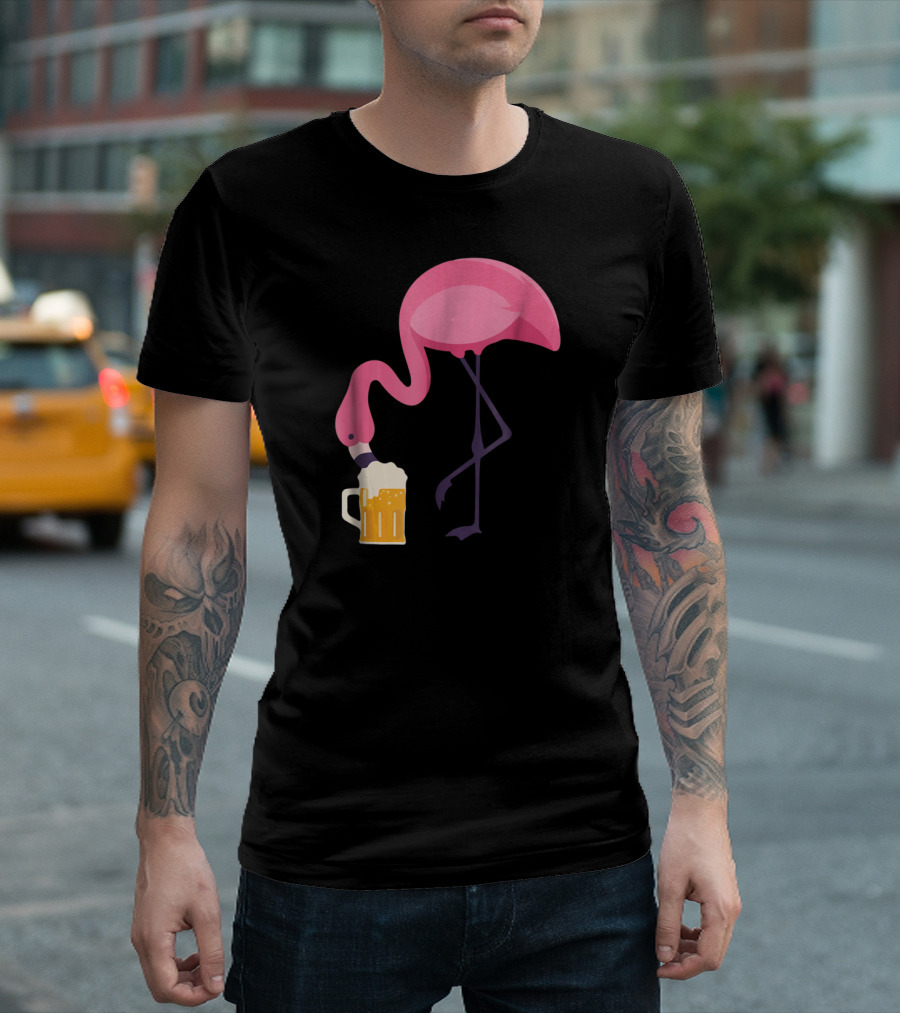 Flamingo Drinking Beer Concept with Pink Bird and Pint Glass T-Shirt