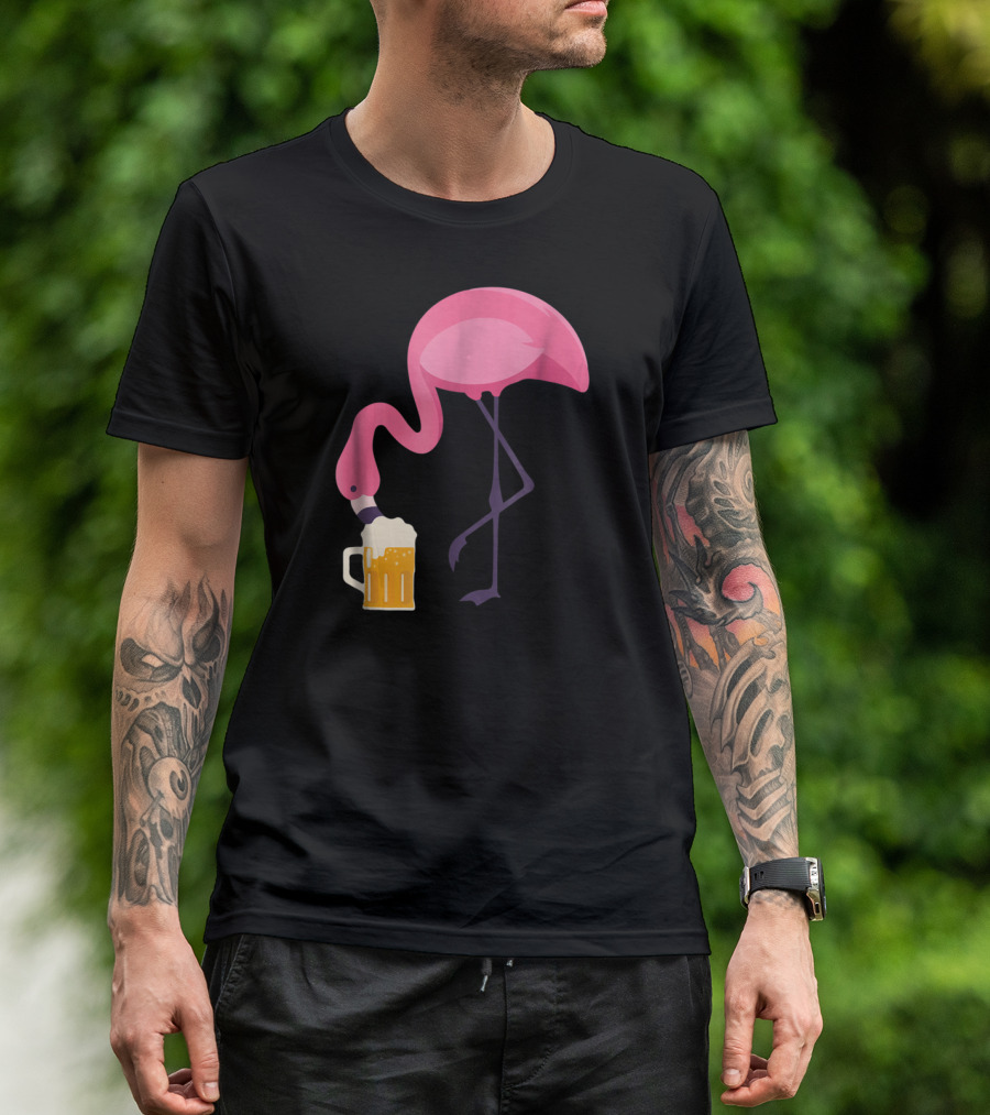 Flamingo Drinking Beer Concept With Pink Bird And Pint Glass T-Shirt