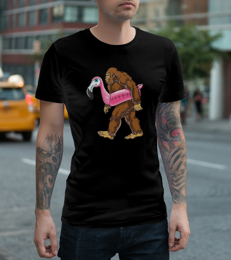 Pool Party Bigfoot Pink Flamingo Sasquatch Float T-Shirt