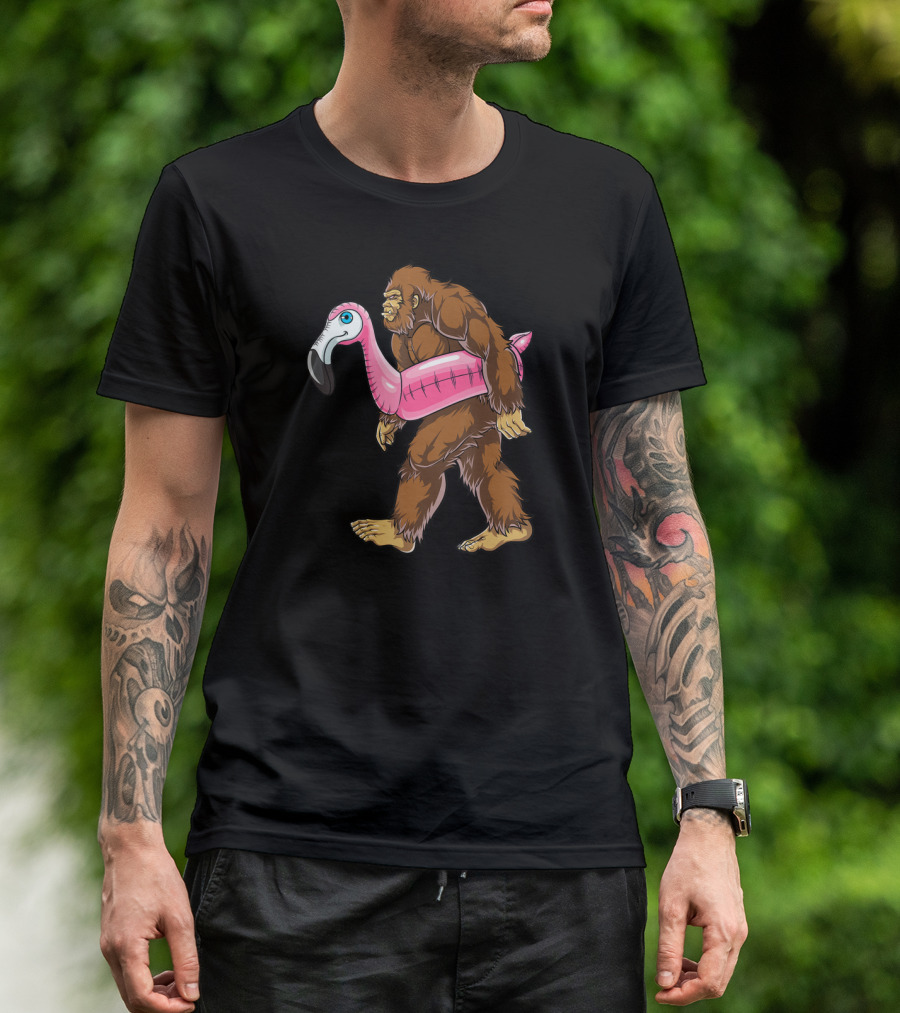 Pool Party Bigfoot Pink Flamingo Sasquatch Float T-Shirt