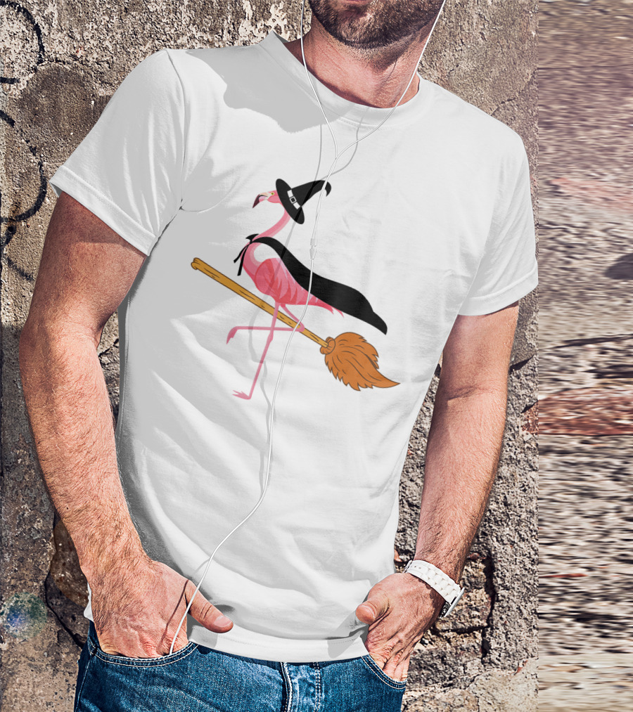 Funny Flamingo Witch Riding Broomstick T-Shirt