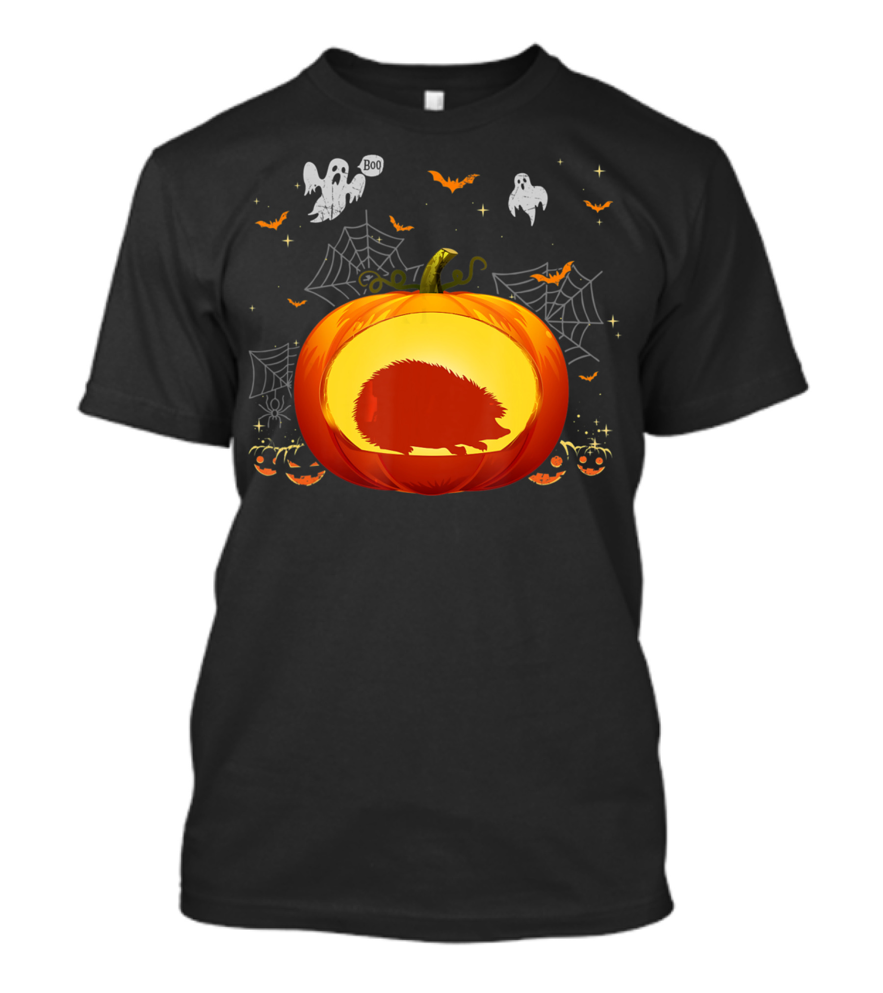 Hedgehog Silhouette In Halloween Pumpkin With Ghosts And Spiderwebs T-Shirt