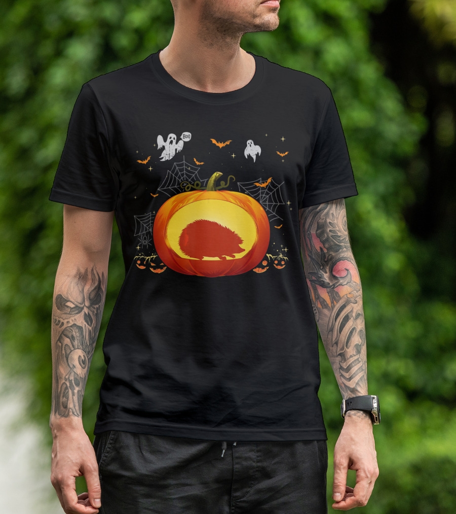 Hedgehog Silhouette In Halloween Pumpkin With Ghosts And Spiderwebs T-Shirt