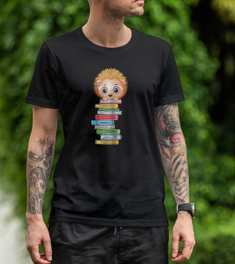 Hedgehog Book Lover With Glasses Hugging Colorful Book Stack T-Shirt