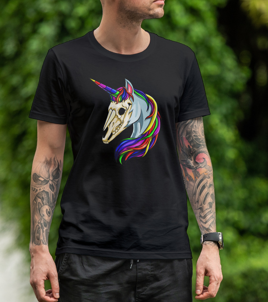 Halloween Unicorn Skeleton Horse Rainbow Head With Colorful Mane T-Shirt