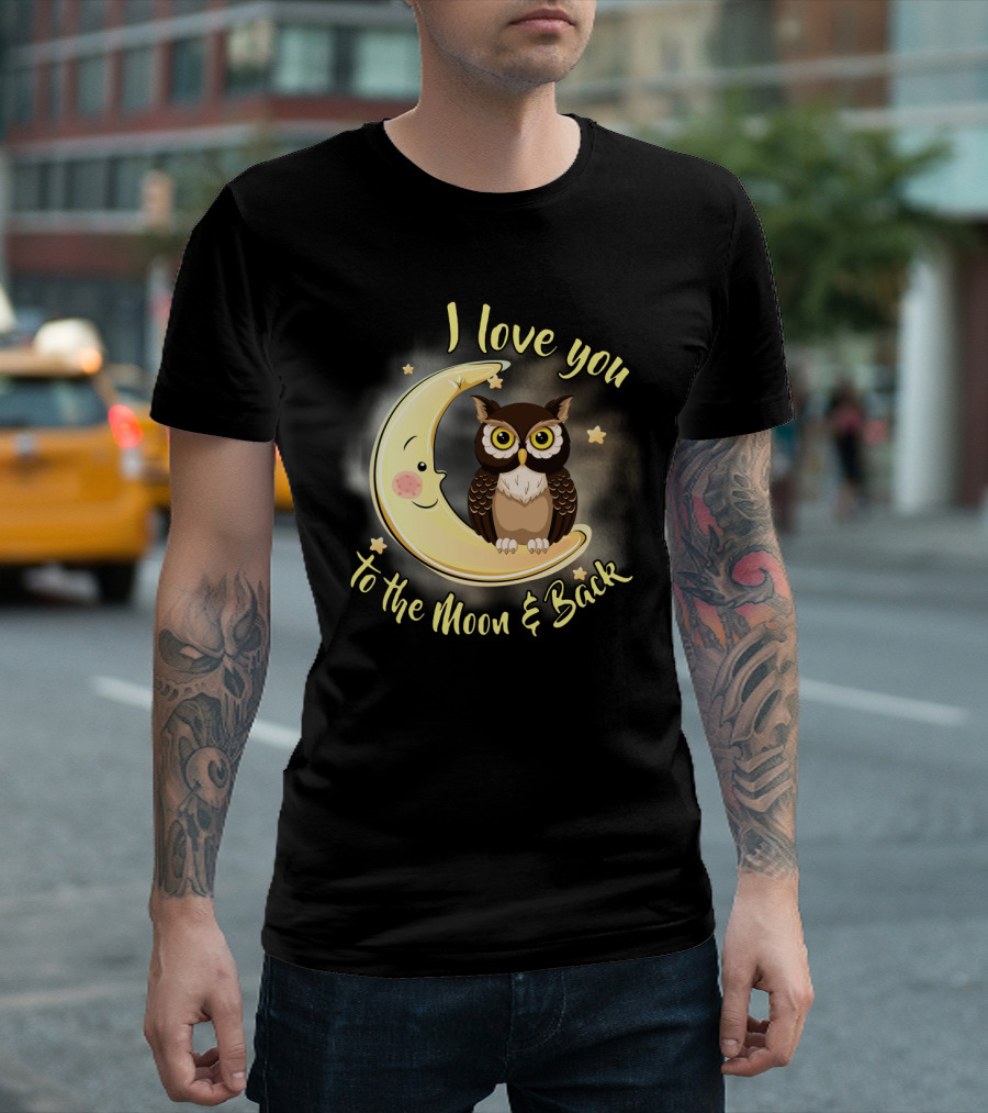 I Love You to the Moon and Back Owl on Smiling Clown Moon with Stars T-Shirt