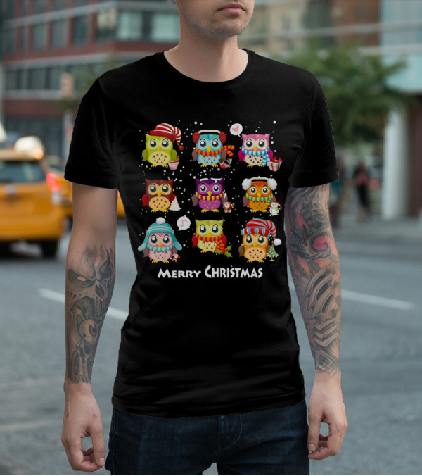 Merry Christmas Cute Owl Festive Holiday Scene T-Shirt